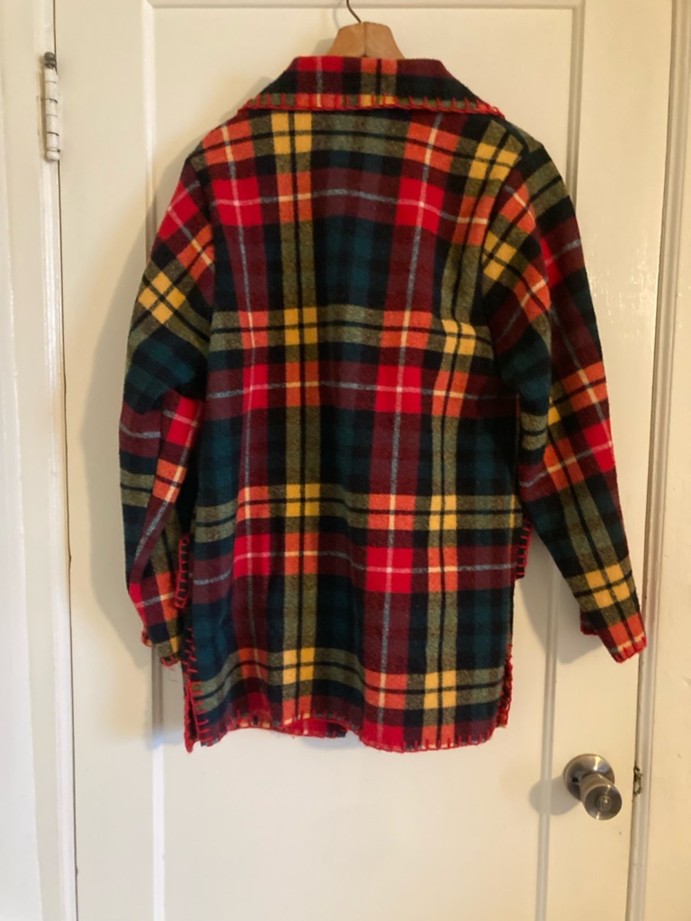 Vintage Handmade Wool Blanket Jacket Red Green Yellow Plaid Long Coat - Picture 6 of 6